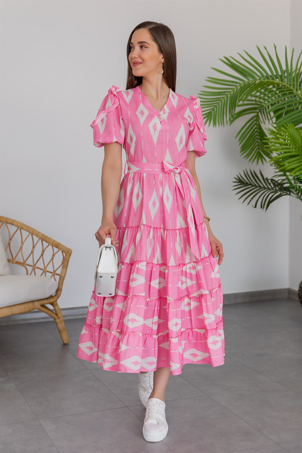 Keten Desenli Elbise - PEMBE