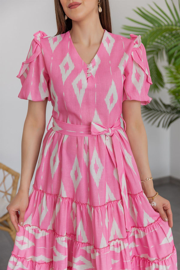 Keten Desenli Elbise - PEMBE