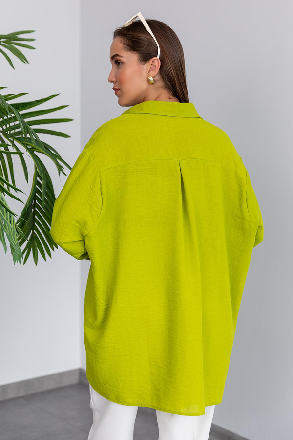 Keten Oversize Gömlek - YAĞ YEŞİLİ