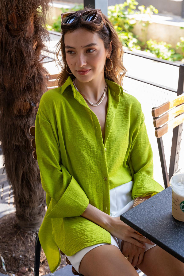 Keten Oversize Gömlek - YAĞ YEŞİLİ