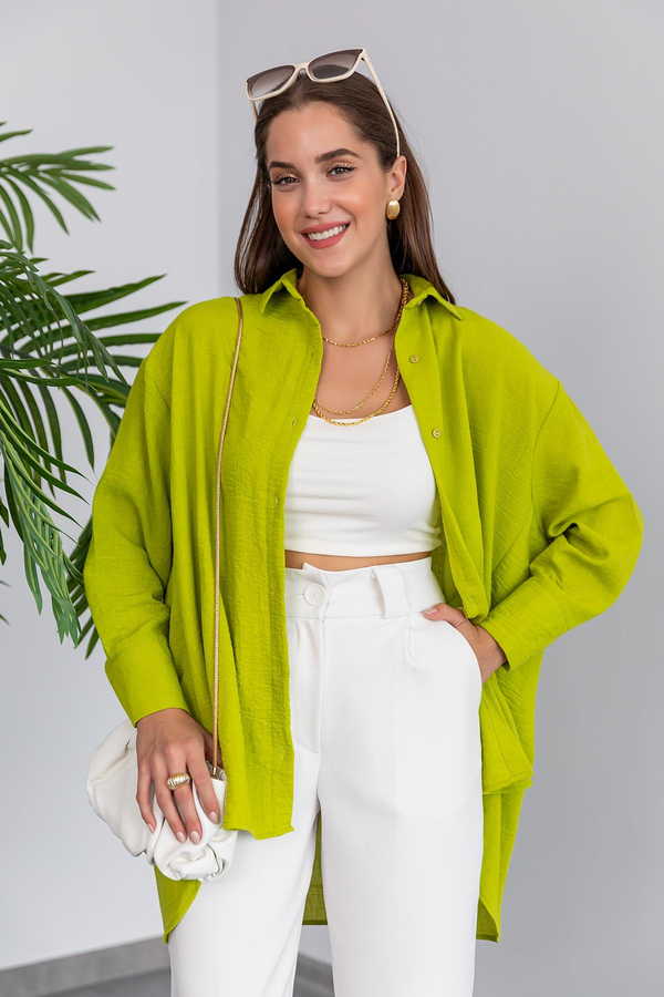 Keten Oversize Gömlek - YAĞ YEŞİLİ