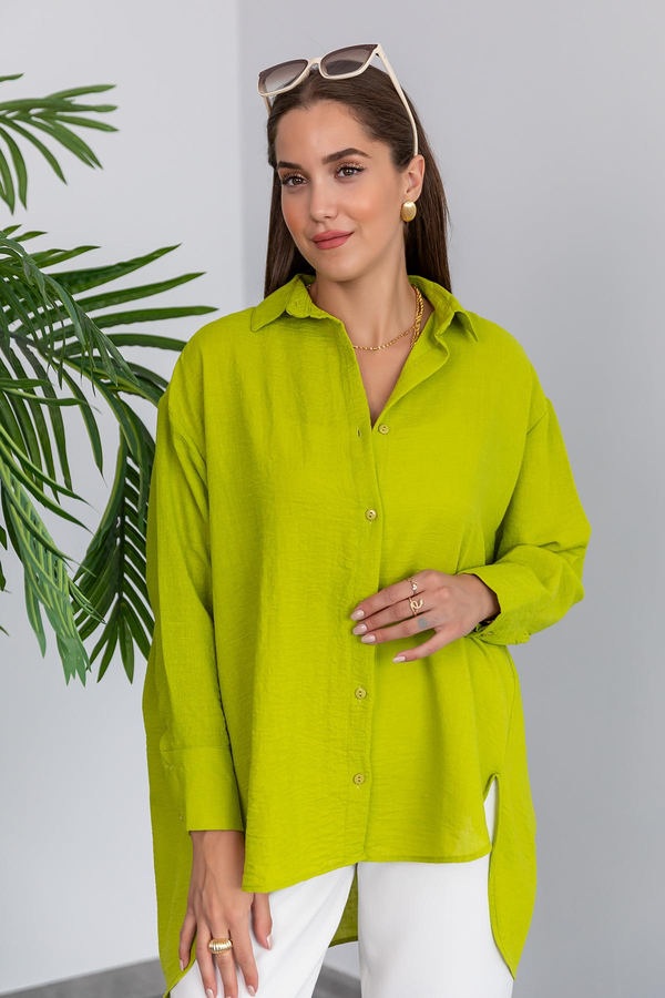 Keten Oversize Gömlek - YAĞ YEŞİLİ