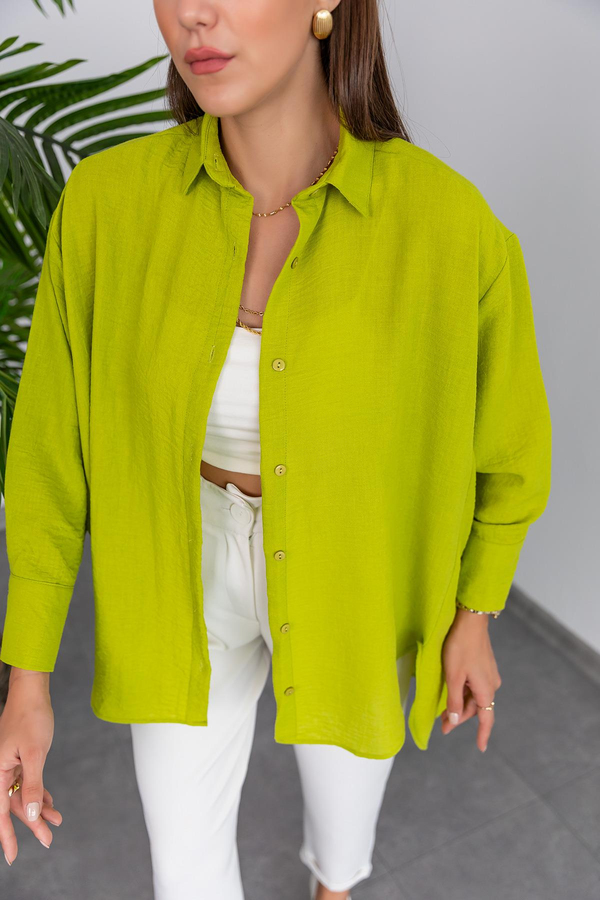 Keten Oversize Gömlek - YAĞ YEŞİLİ