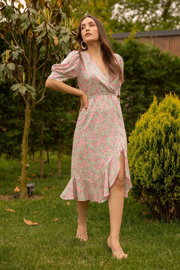 Kısa Kol Mini Çiçekli Elbise - PEMBE