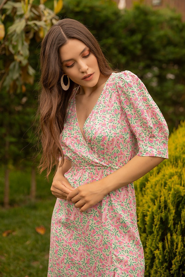 Kısa Kol Mini Çiçekli Elbise - PEMBE