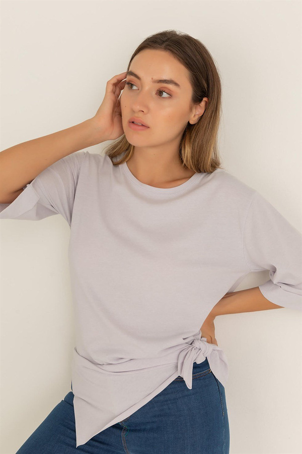 Kol Kat Yan Yırtmaçlı T-Shirt - LİLA