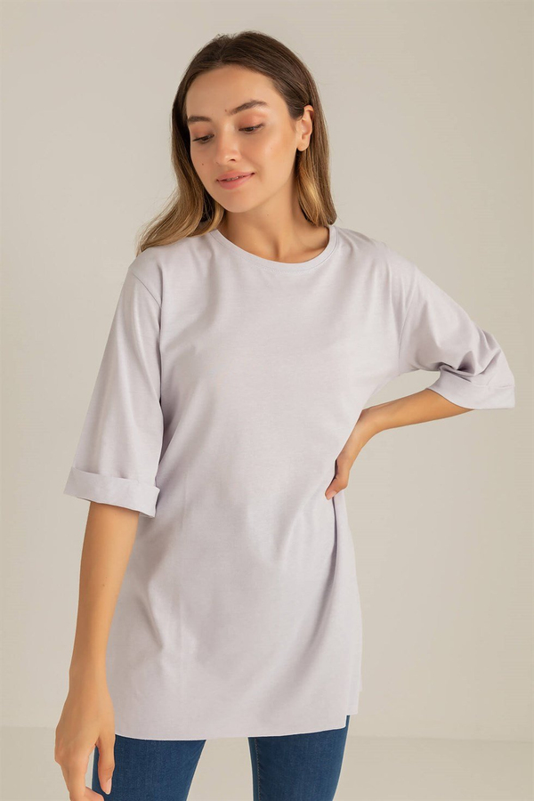 Kol Kat Yan Yırtmaçlı T-Shirt - LİLA