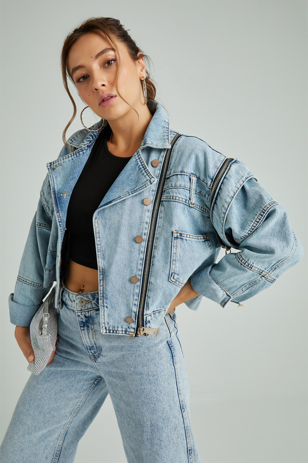 Kolu Ayrılabilen Denim Ceket - MAVİ