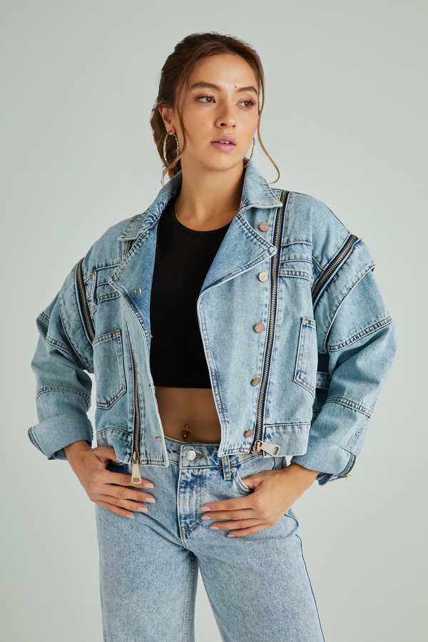 Kolu Ayrılabilen Denim Ceket - MAVİ
