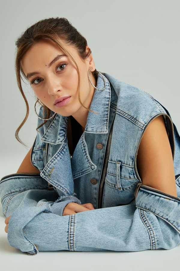 Kolu Ayrılabilen Denim Ceket - MAVİ