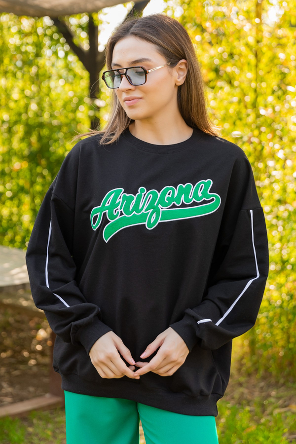 Kolu Çizgili Oversize Sweat - SİYAH