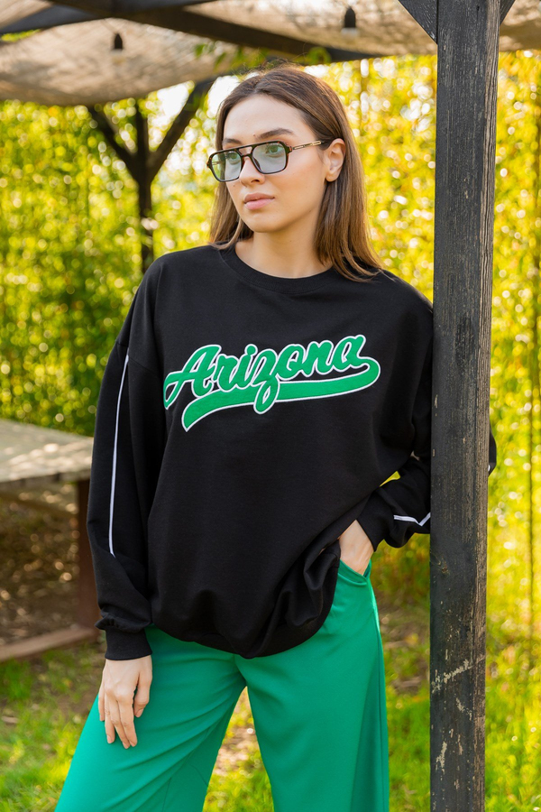 Kolu Çizgili Oversize Sweat - SİYAH