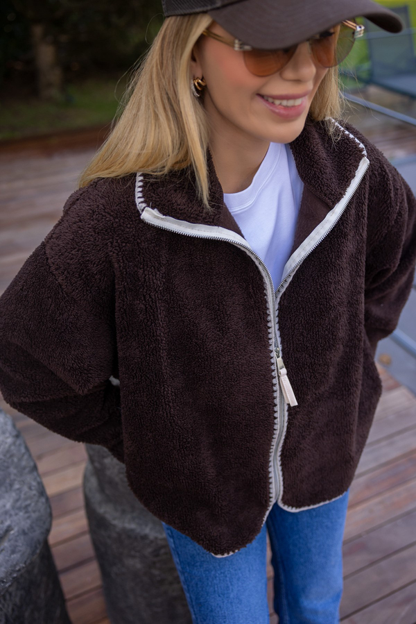 Kontrast Biyeli Fermuarlı Peluş Sweat - KAHVERENGİ