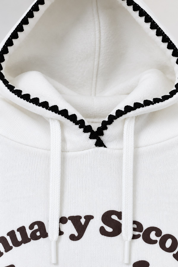 Kontrast Dikiş Baskılı Kapüşonlu Sweat - BEYAZ