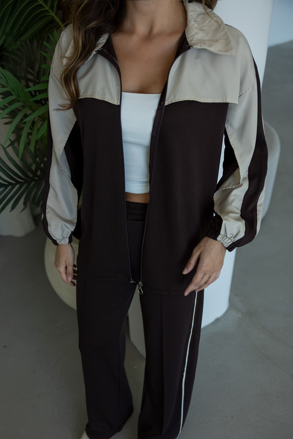 Kontrast Garnili Fermuarlı İkili Takım - KAHVERENGİ