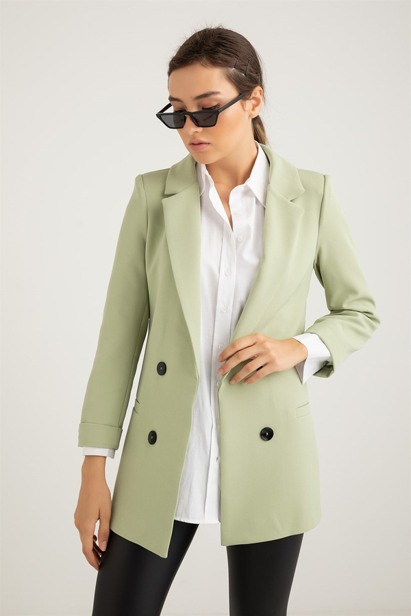 Krep Süs Düğmeli Blazer - MİNT YEŞİL
