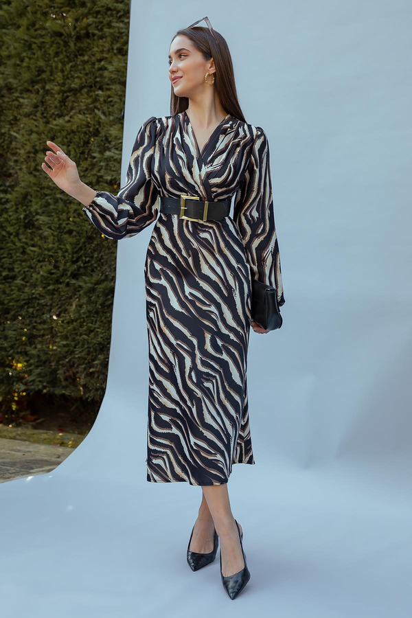 Kruvaze Saten Elbise - KAHVERENGİ