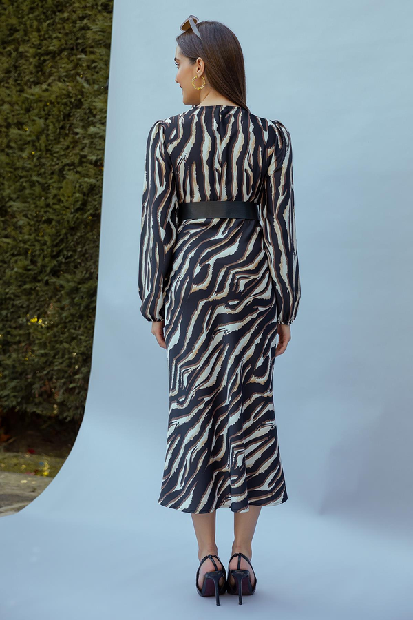 Kruvaze Saten Elbise - KAHVERENGİ