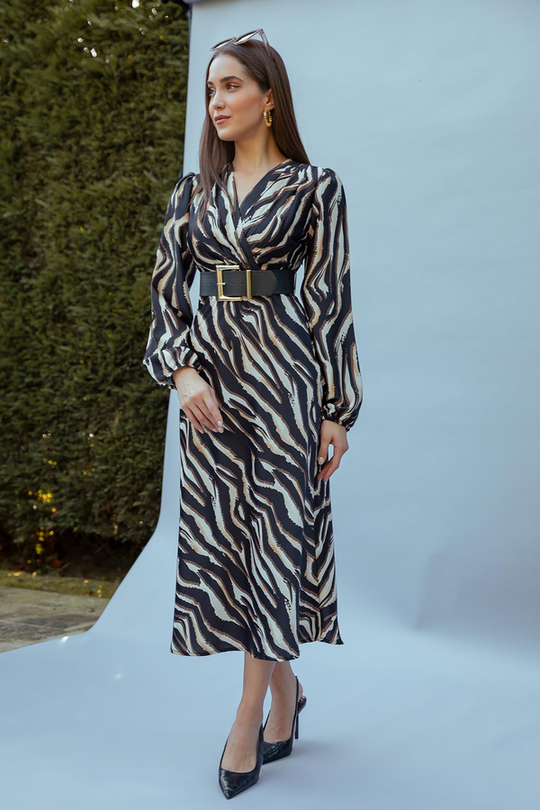 Kruvaze Saten Elbise - KAHVERENGİ