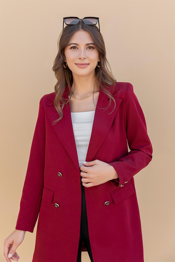 Kruvaze Uzun Ceket - BORDO