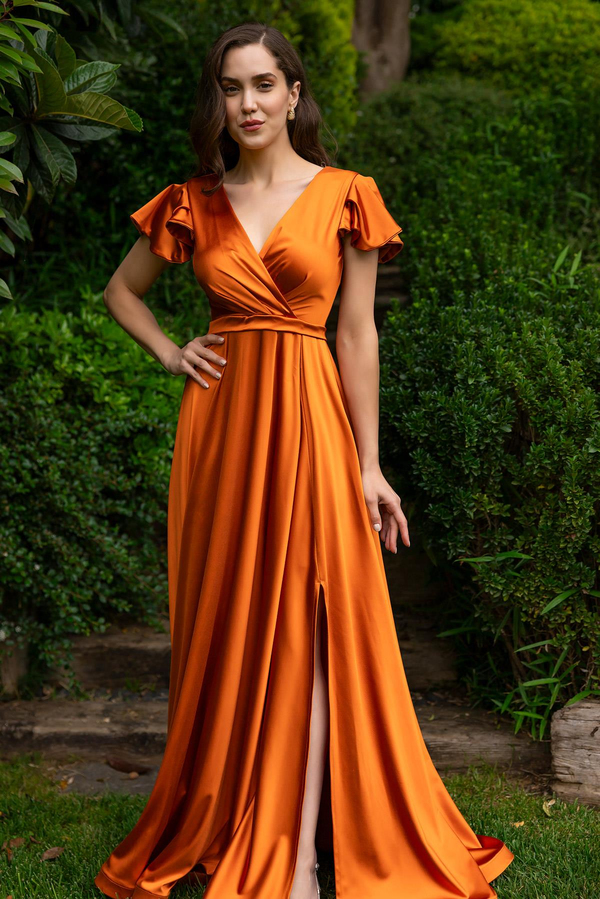 Kruvaze Uzun Saten Abiye - TURUNCU