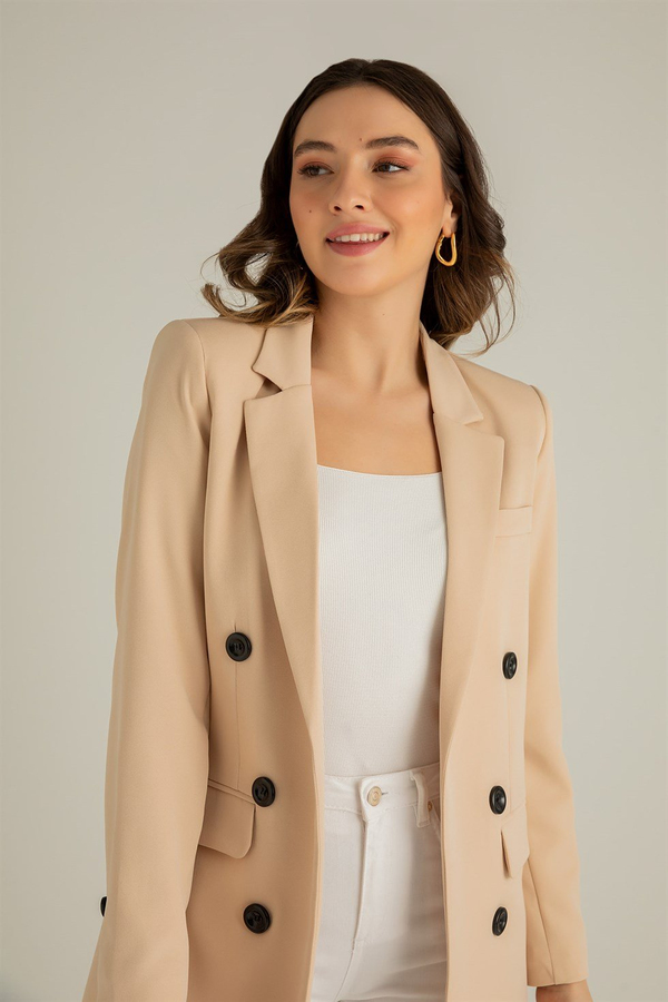 Kruvaze Yaka Blazer Ceket - BEJ