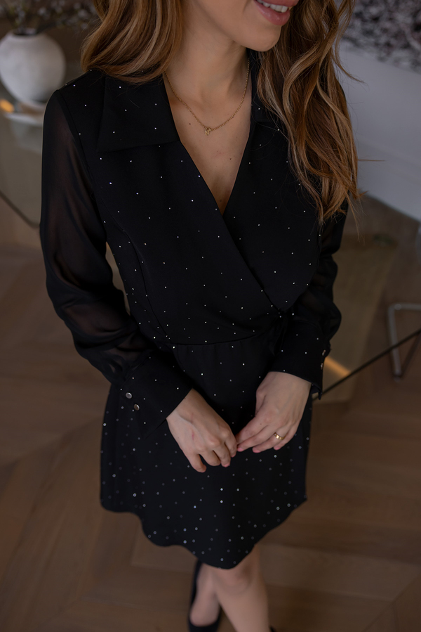 Kruvaze Yaka Işıltılı Elbise - SİYAH