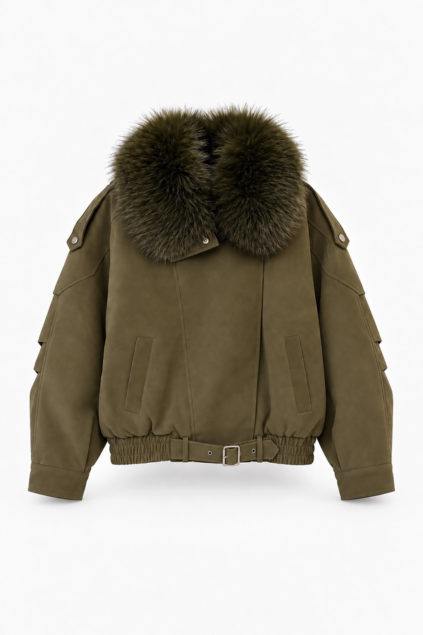 Kürk Yaka Dokulu Bomber Mont - HAKİ