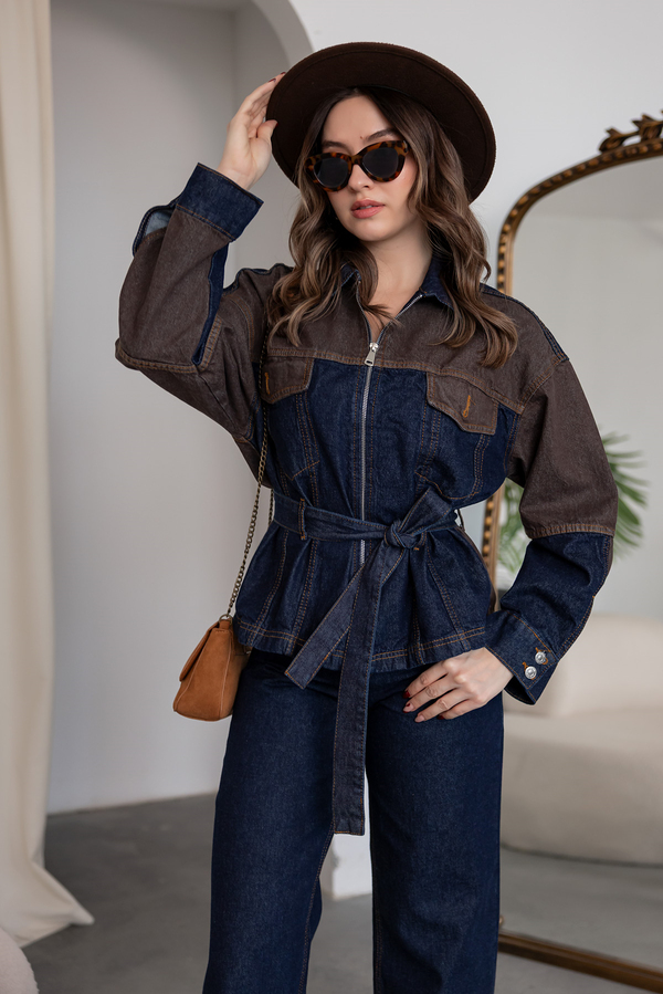 Kuşaklı Denim İkili Takım - LACİVERT