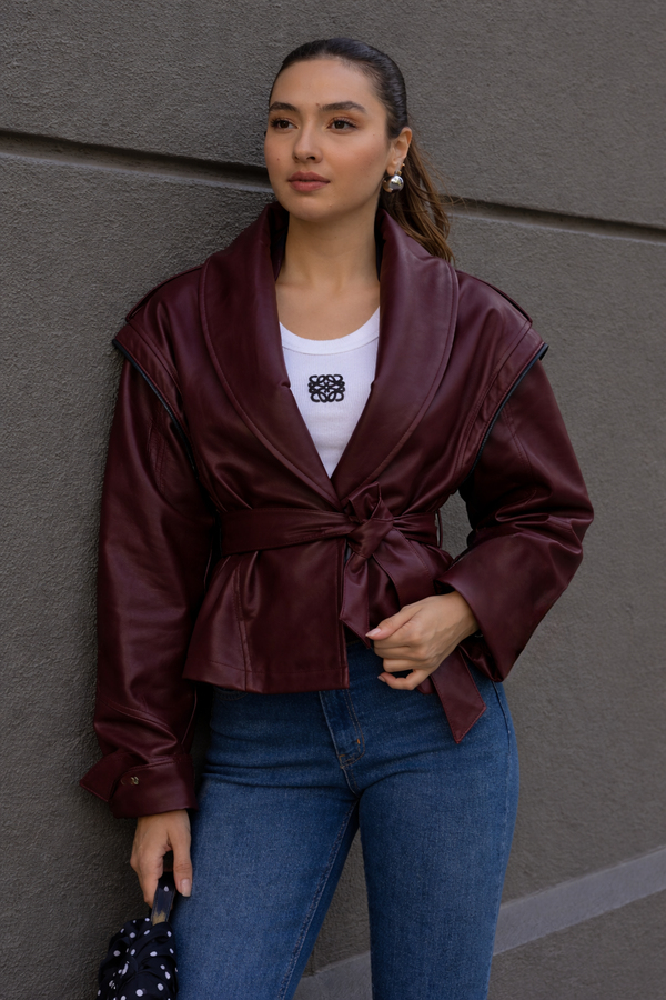 Kuşaklı Deri Ceket - BORDO