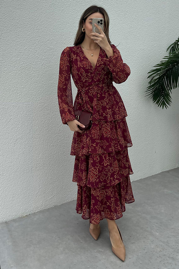 Kuşaklı Desenli Elbise - BORDO