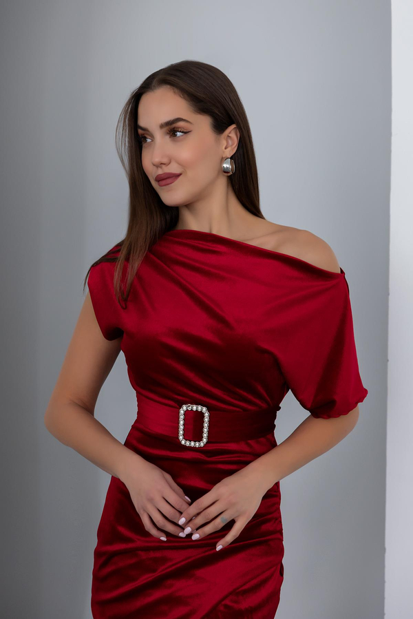 Kuşaklı Kadife Elbise - KIRMIZI