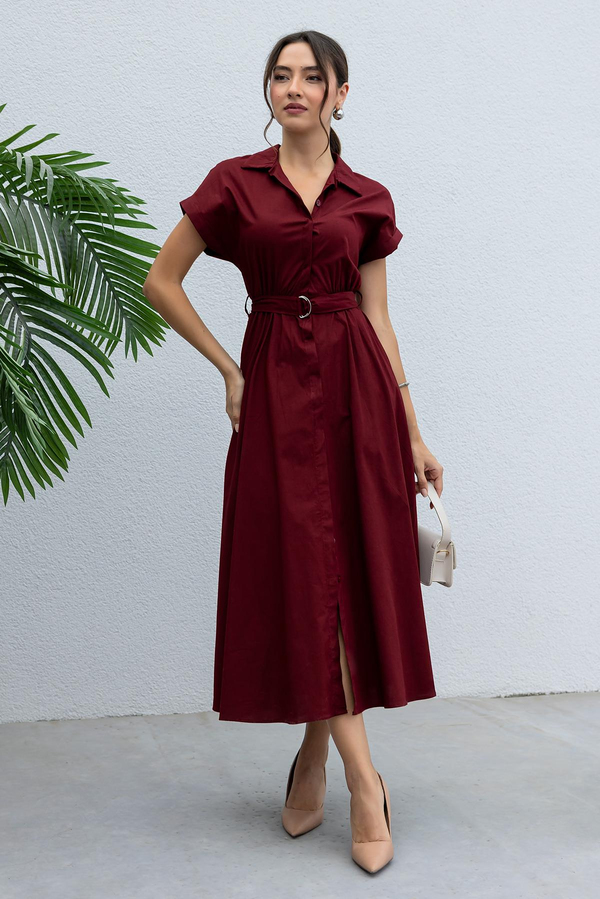 Kuşaklı Poplin Elbise - BORDO