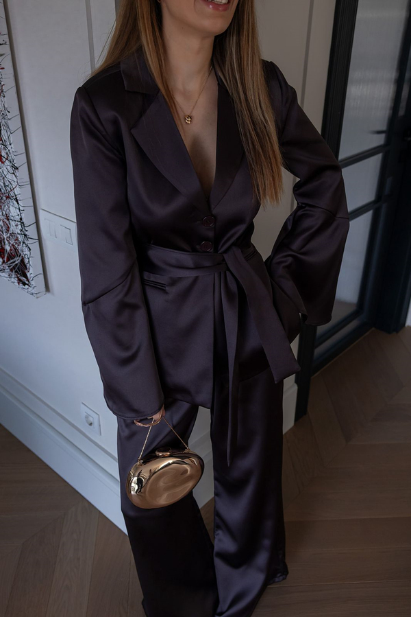 Kuşaklı Saten Blazer Takım - KAHVERENGİ