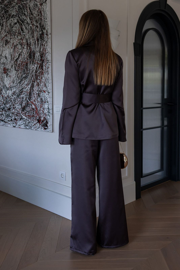 Kuşaklı Saten Blazer Takım - KAHVERENGİ