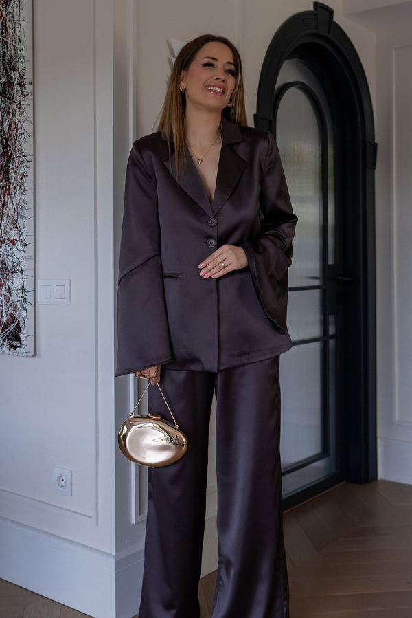 Kuşaklı Saten Blazer Takım - KAHVERENGİ