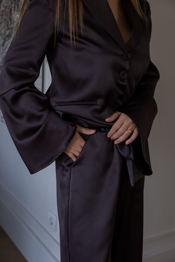 Kuşaklı Saten Blazer Takım - KAHVERENGİ