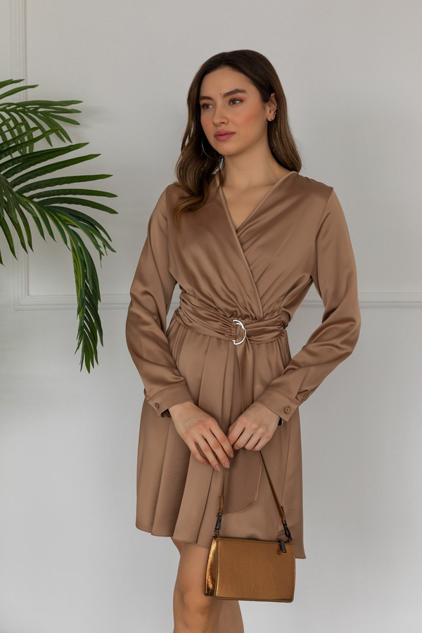 Kuşaklı Saten Mini Elbise - CAMEL