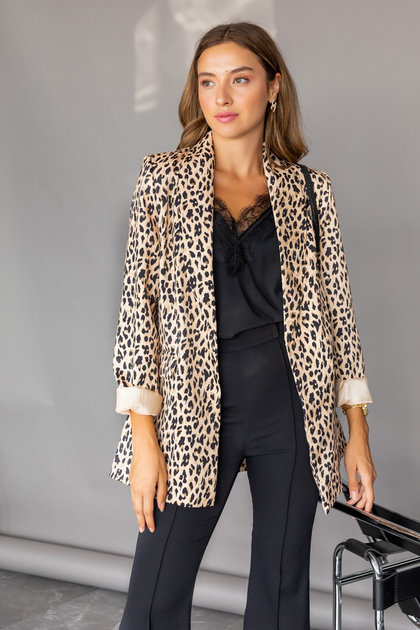 Leopar Desen Blazer Ceket - KREM