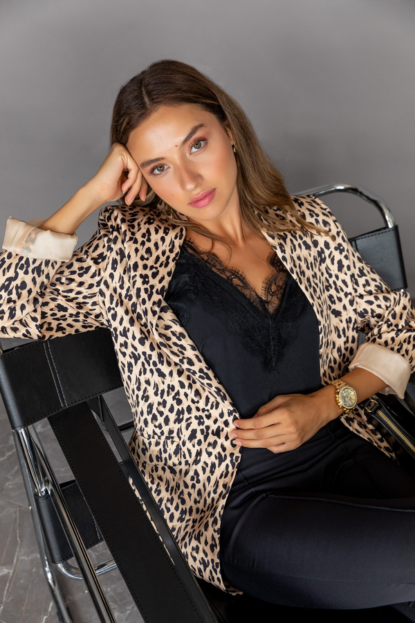 Leopar Desen Blazer Ceket - KREM
