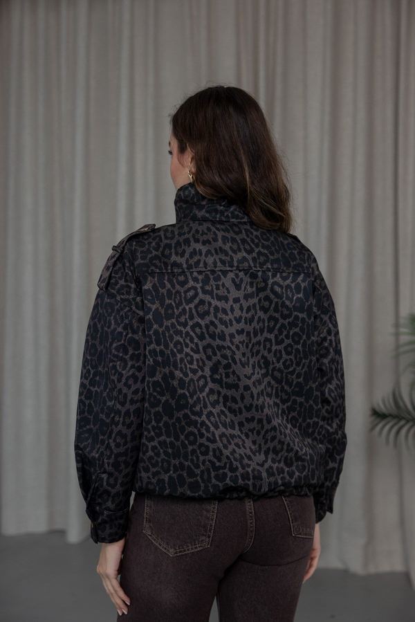 Leopar Desen Kapak Cepli Bomber Ceket - SİYAH