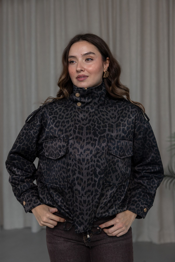 Leopar Desen Kapak Cepli Bomber Ceket - SİYAH