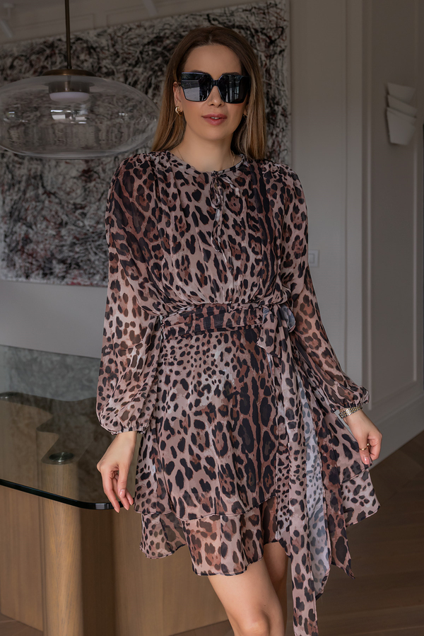 Leopar Desen Kuşak Detaylı Elbise - KAHVERENGİ