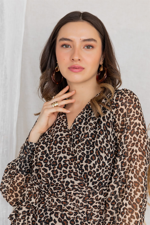 Leopar Desen Kuşaklı Şifon Elbise - KAHVERENGİ