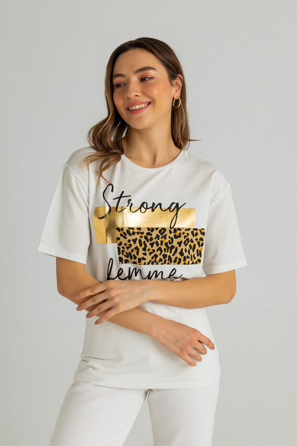 Leopar Desen Yazılı T-Shirt - BEYAZ