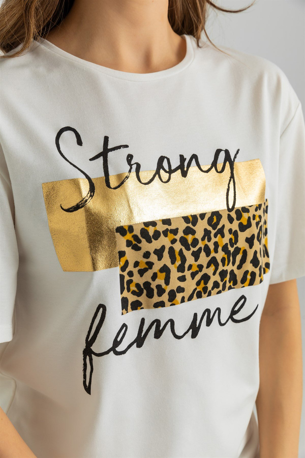 Leopar Desen Yazılı T-Shirt - BEYAZ