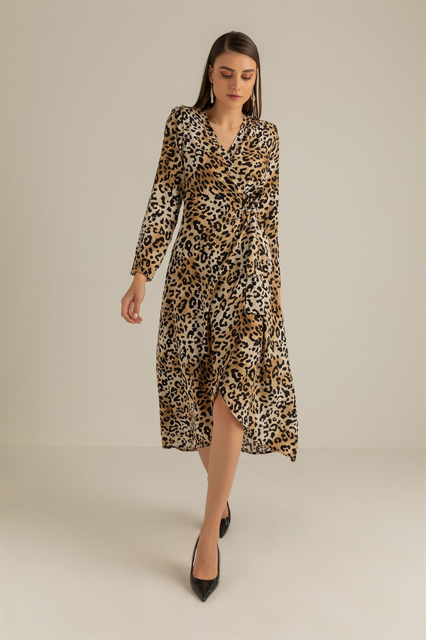 Leopar Desenli Kruvaze Yaka Elbise - BEJ