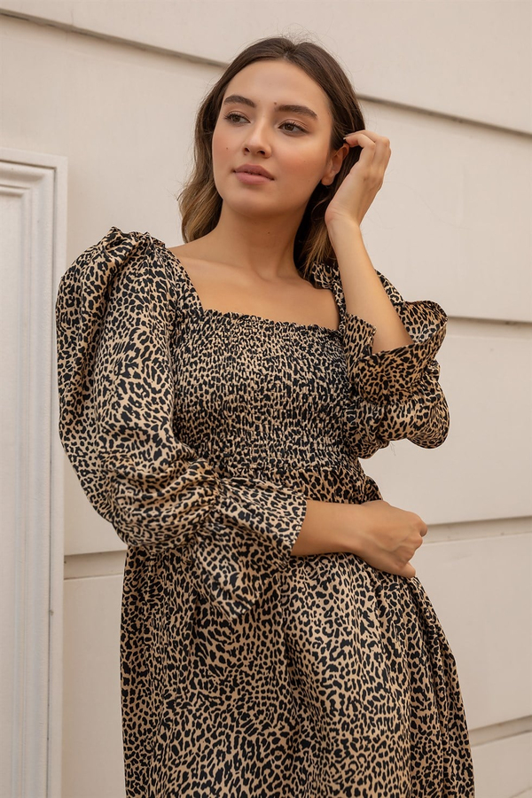 Leopar Desenli Mini Elbise - BEJ