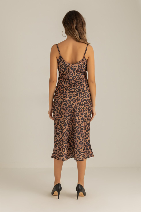 Leopar Desenli Saten Elbise - KAHVERENGİ