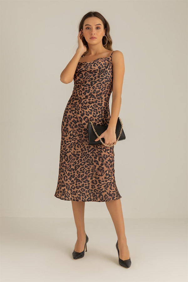 Leopar Desenli Saten Elbise - KAHVERENGİ